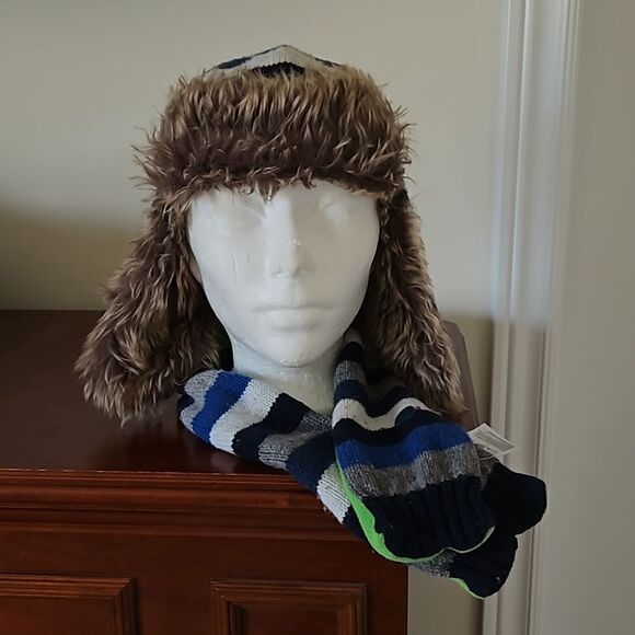 Gap Boy's Winter Trapper Hat With Faux Fur Trim & Scarf One Size Small Blue/Gray - Picture 5 of 16